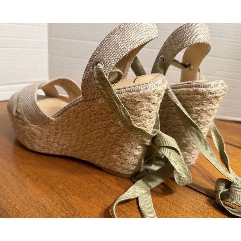 Lulus Sandals Womens 7.5 Esme Lace Up Espadrille Wedge Heels Straps Beige Canvas